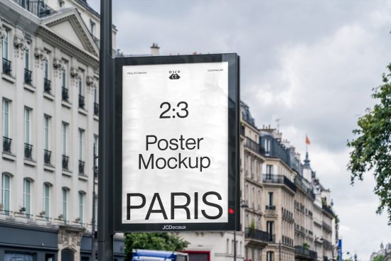 Outdoor poster mockup in urban Paris setting for design presentation, clear view, city background, suitable for advertising and branding.